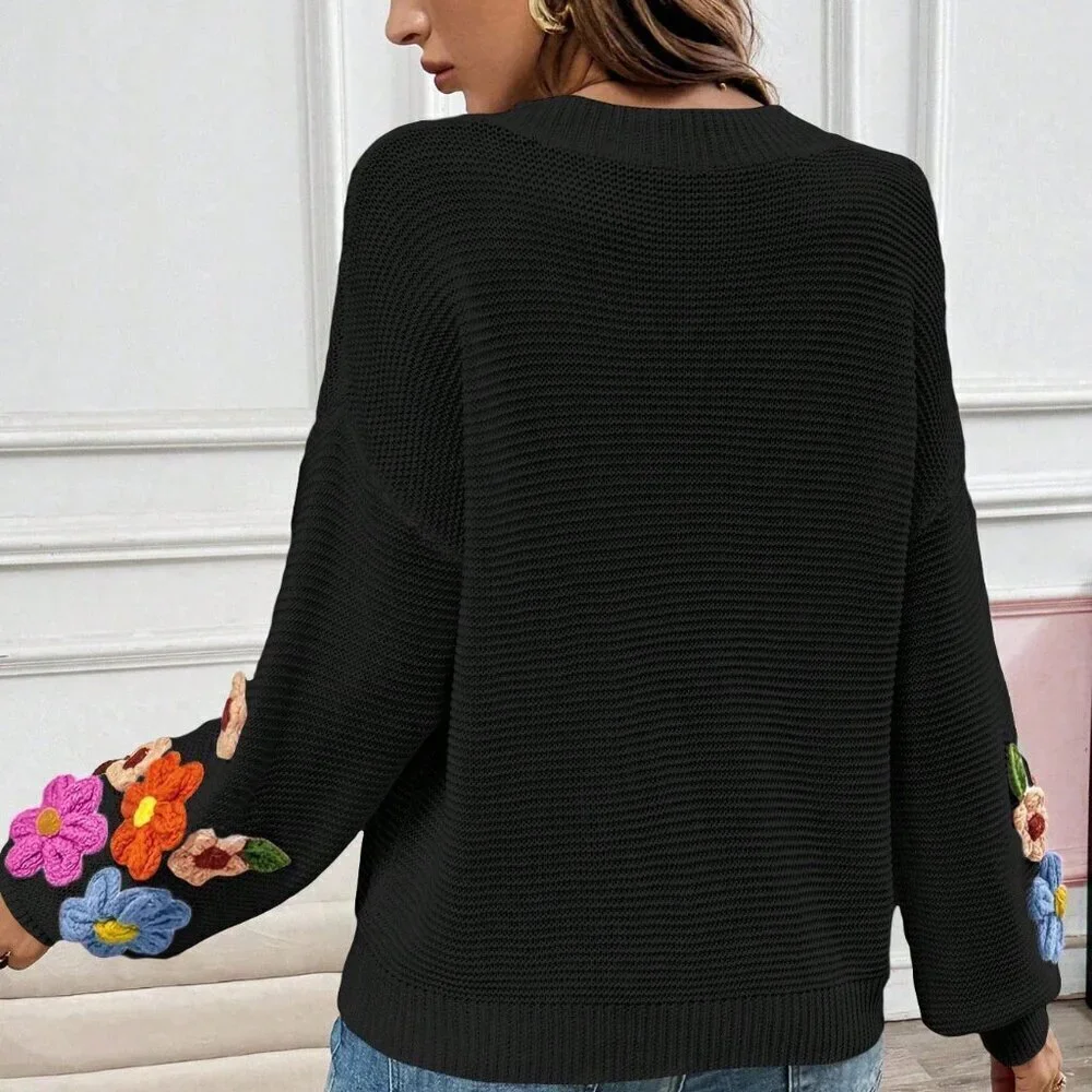 Black Casual Women's V-Neck Crochet Lantern Sleeve Pullover Sweater